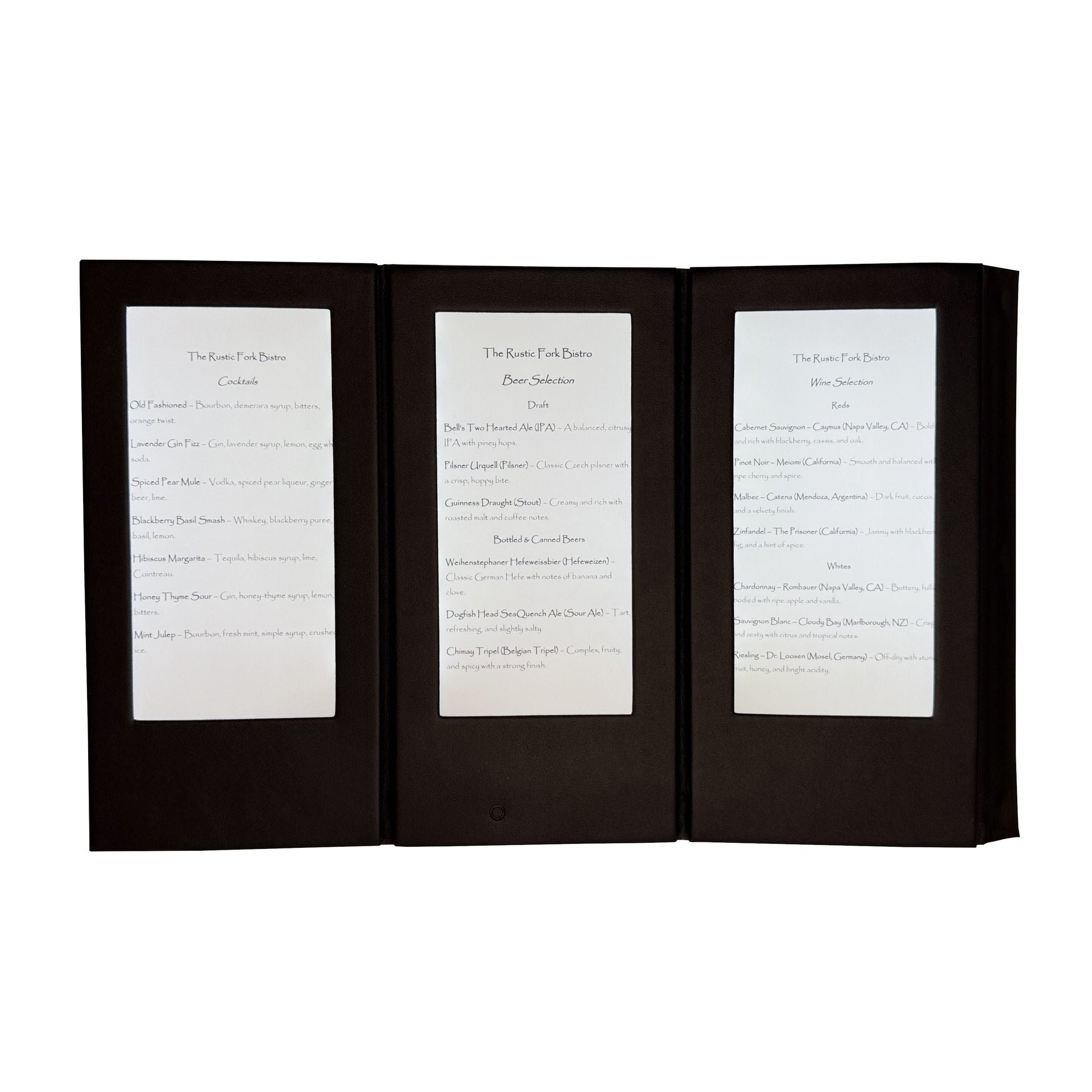 3-Sided Stand Backlit LED Menu, Open, Front